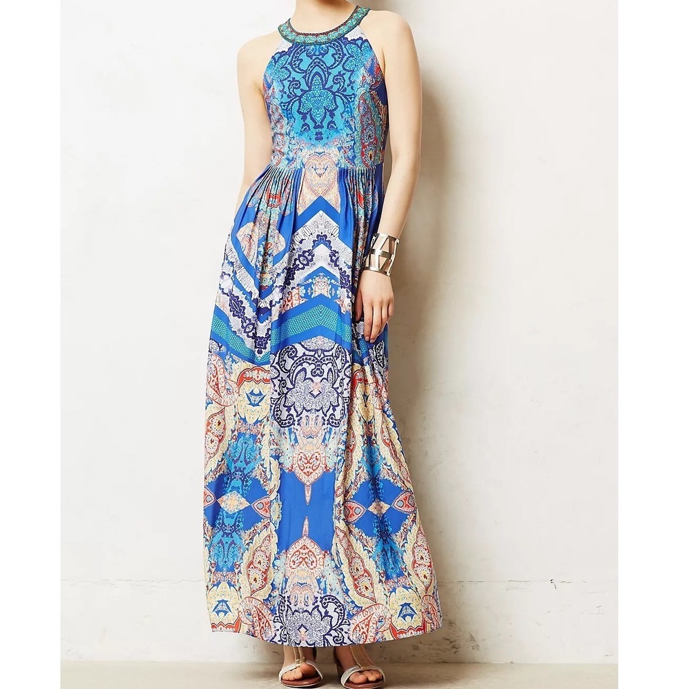 Ranna Gill Anthropologie Blue Paisley Beaded Halter Maxi Dress Boho Wedding z2